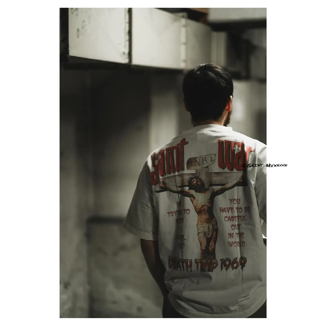 SAINT MICHAEL SAINT WAR TEE/WHAT new style Jesus cross retro short-sleeved, off-white S-XL, ready-to-wear, washed and distressed, printed repeatedly and modified, tube-woven seamless fabric, with little angel anti-counterfeiting label